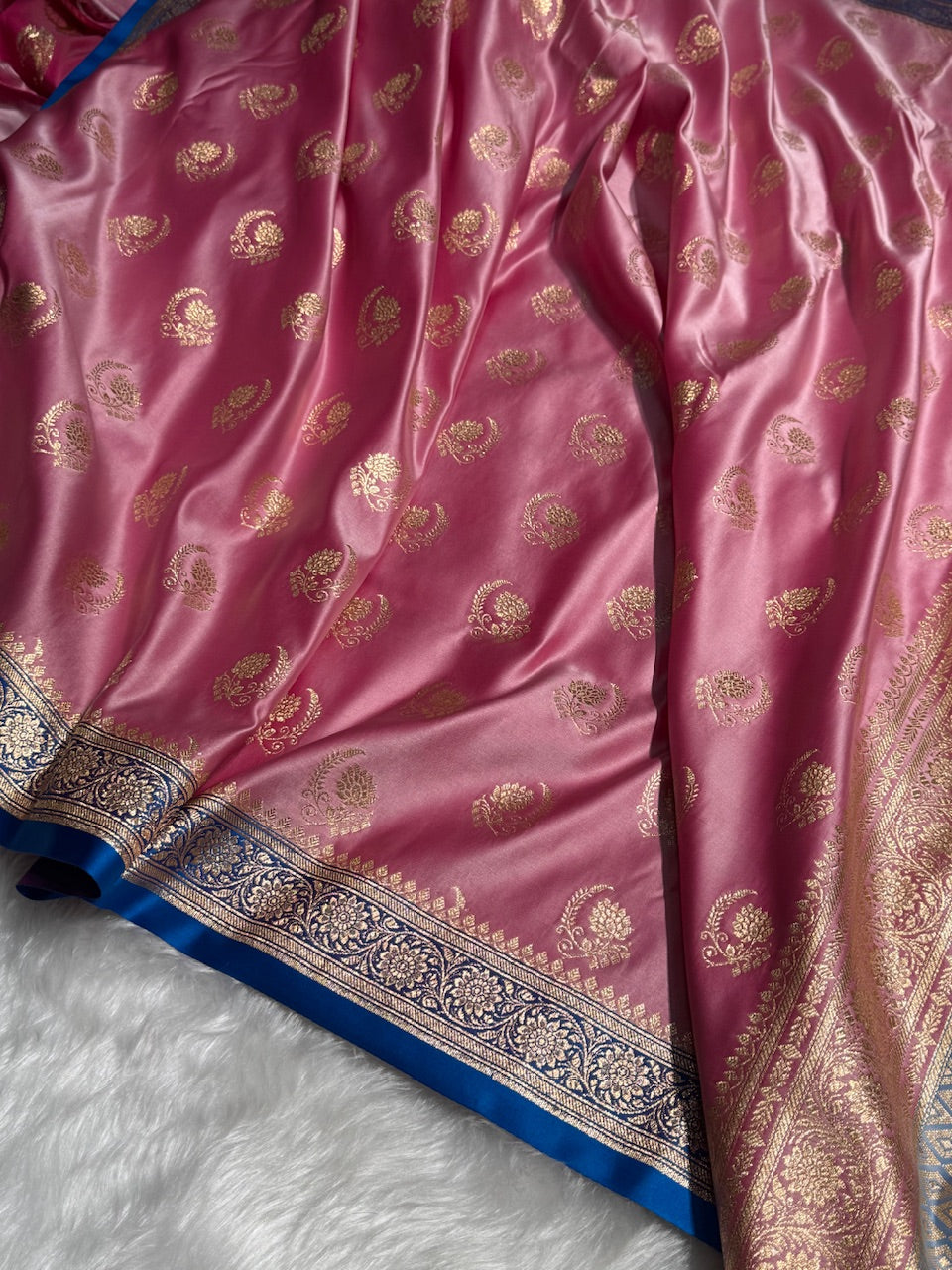 Baby Pink with Firozy Floral Boota Satin Katan Silk saree SK27