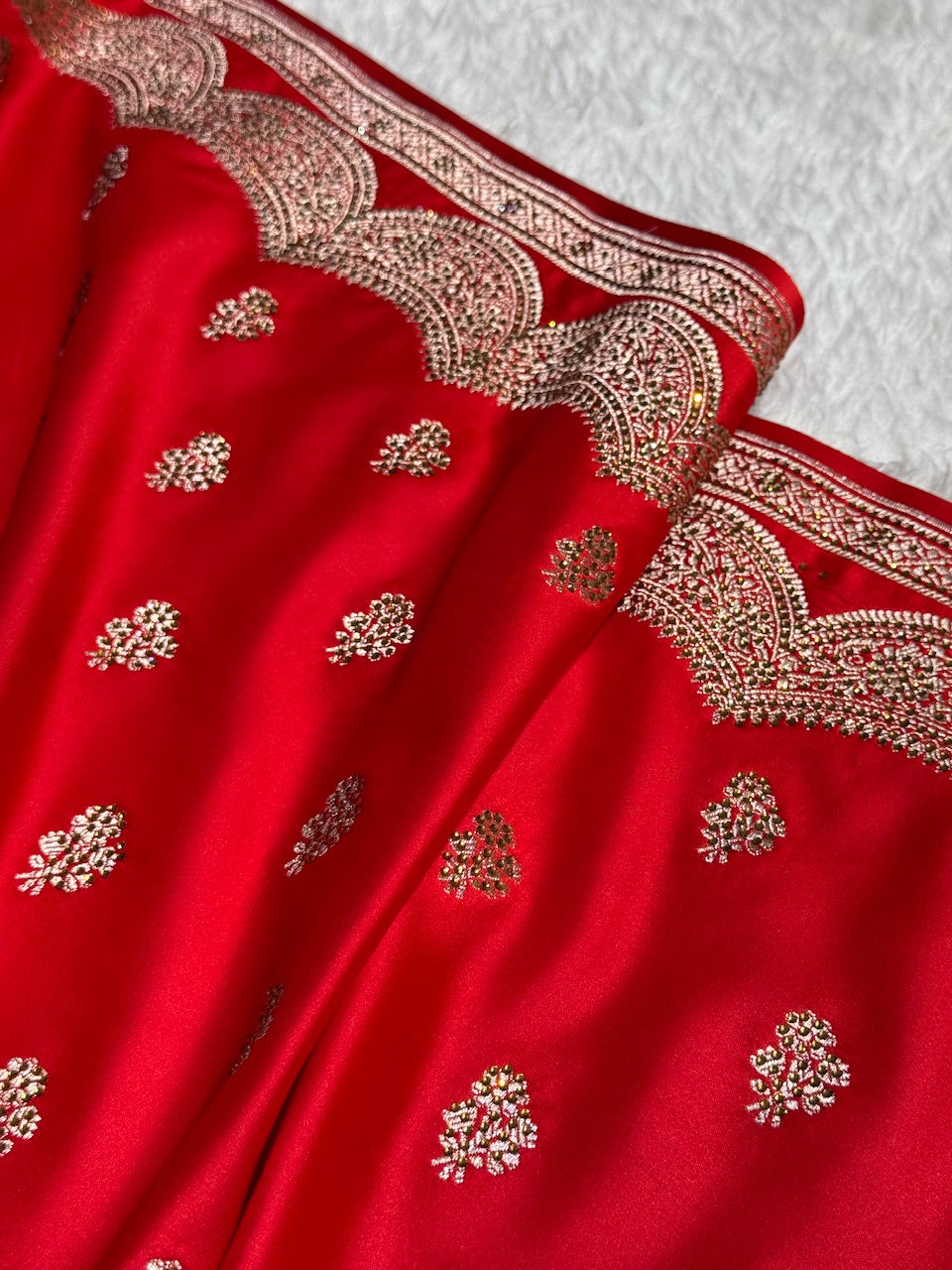 Red Scallop Mashru Silk with Swarovski work