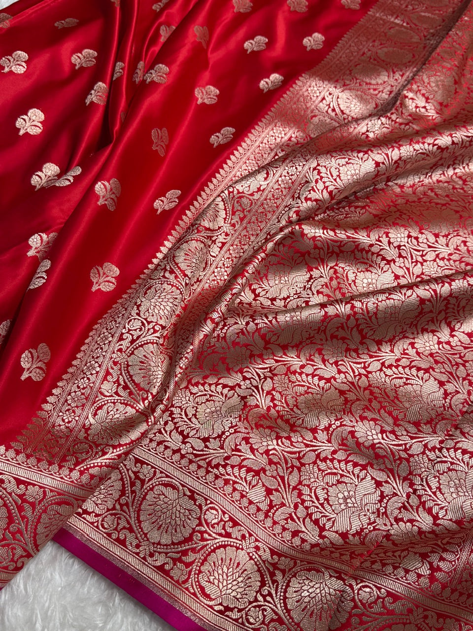 Red Booti Mashru Silk Banarasi Saree