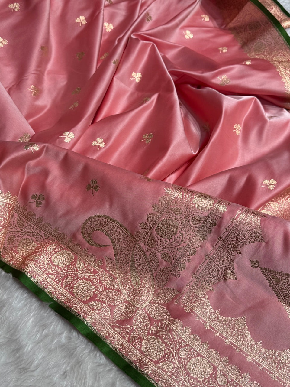Baby Pink Booti Katan Silk with Green Border Edge and Brocade Blouse SK09