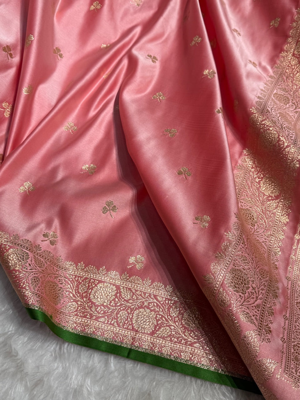 Baby Pink Booti Katan Silk with Green Border Edge and Brocade Blouse SK09