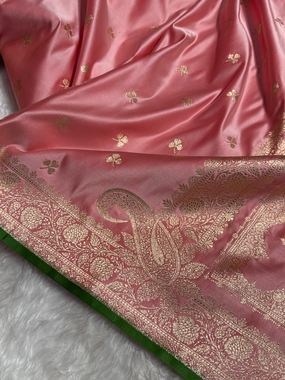 Baby Pink Booti Katan Silk with Green Border Edge and Brocade Blouse SK09