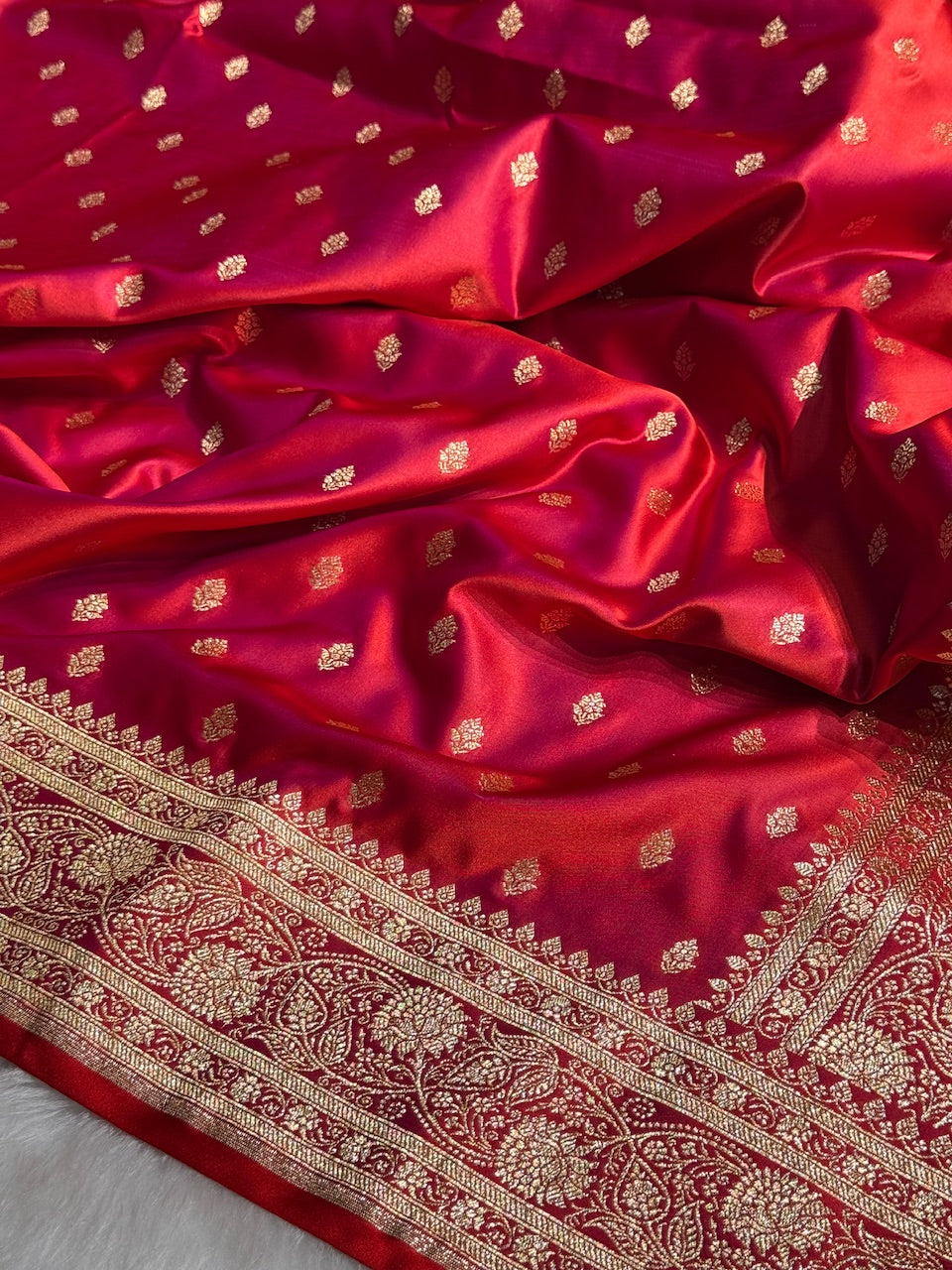Red Booti Pattern Satin Katan Silk Saree SK53