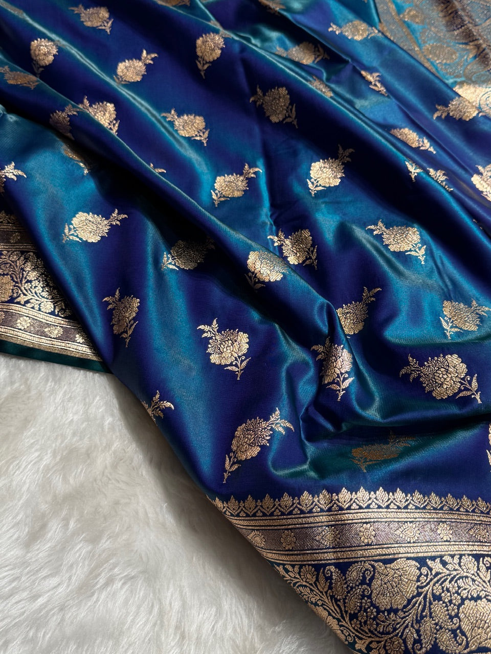 Satin Silk Saree Floral Boota in Peacock Shades SS26