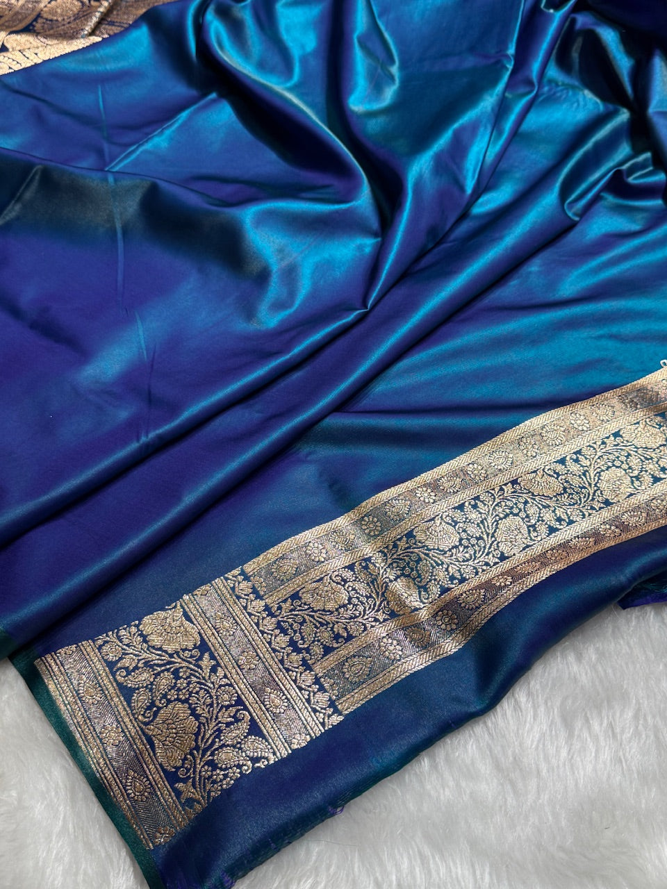 Satin Silk Saree Floral Boota in Peacock Shades SS26