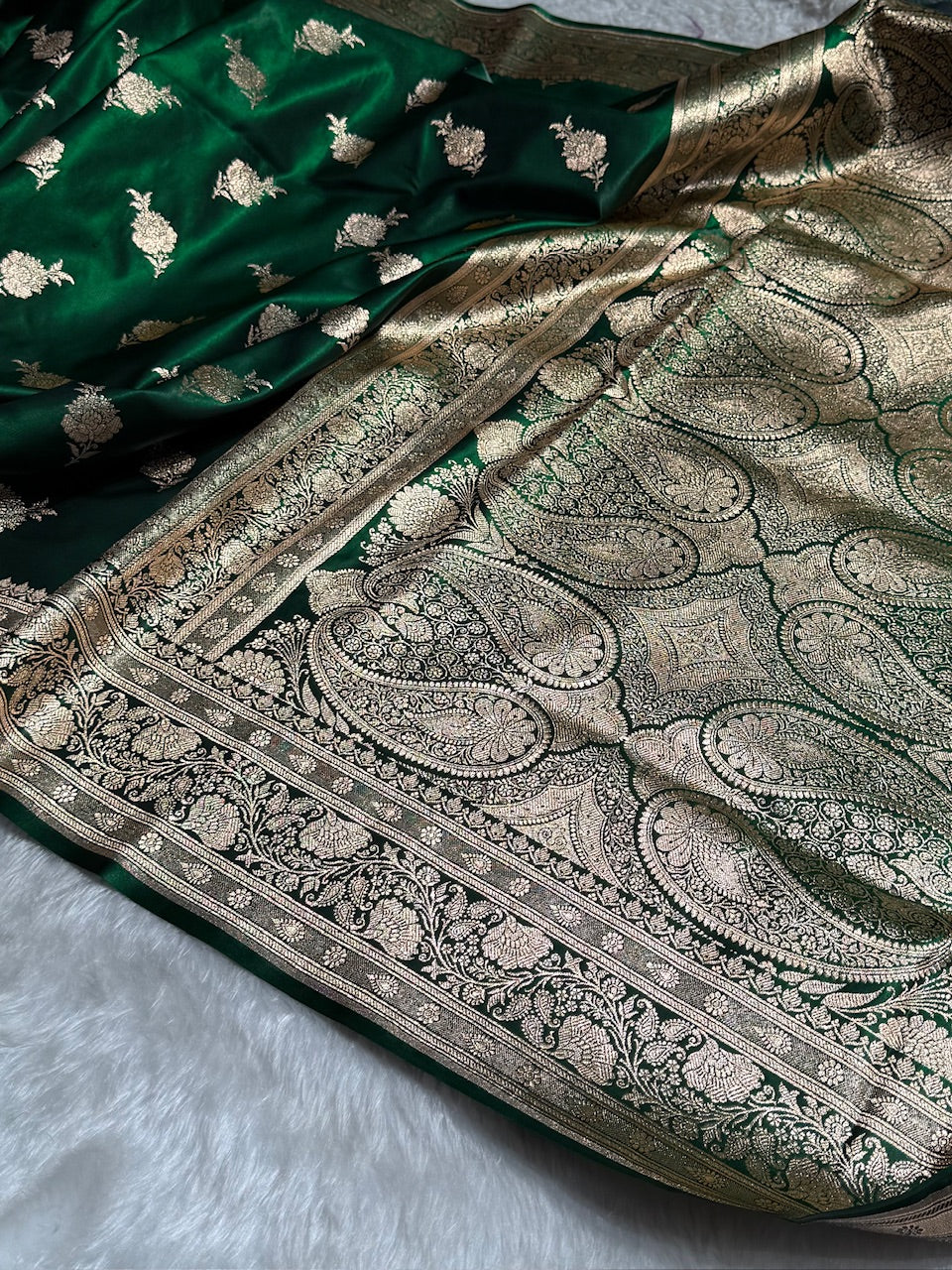 Satin Silk Saree Floral Boota in Bottle Green Shades SS26