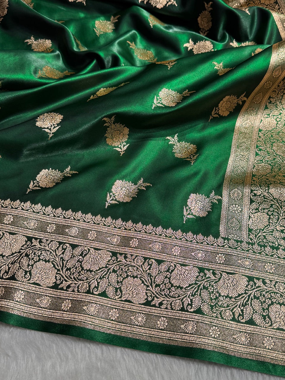 Satin Silk Saree Floral Boota in Bottle Green Shades SS26