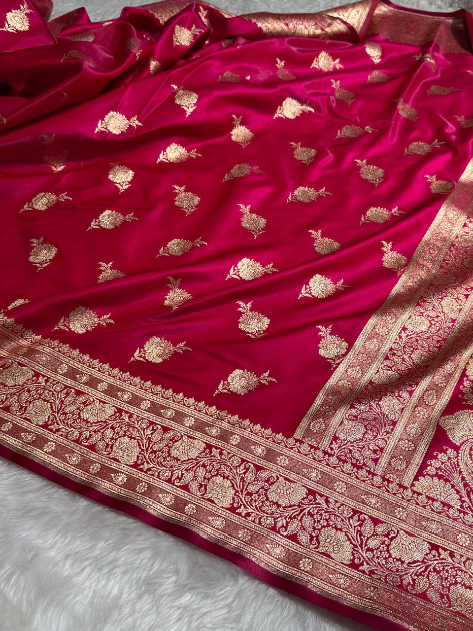 Satin Silk Saree Floral Boota in Rani Shades SS26