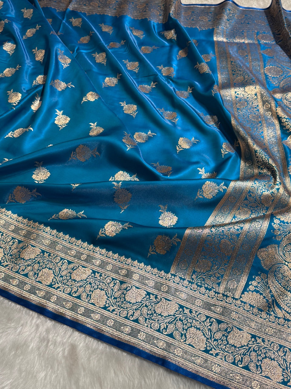 Satin Silk Saree Floral Boota in Firozy Shades SS26