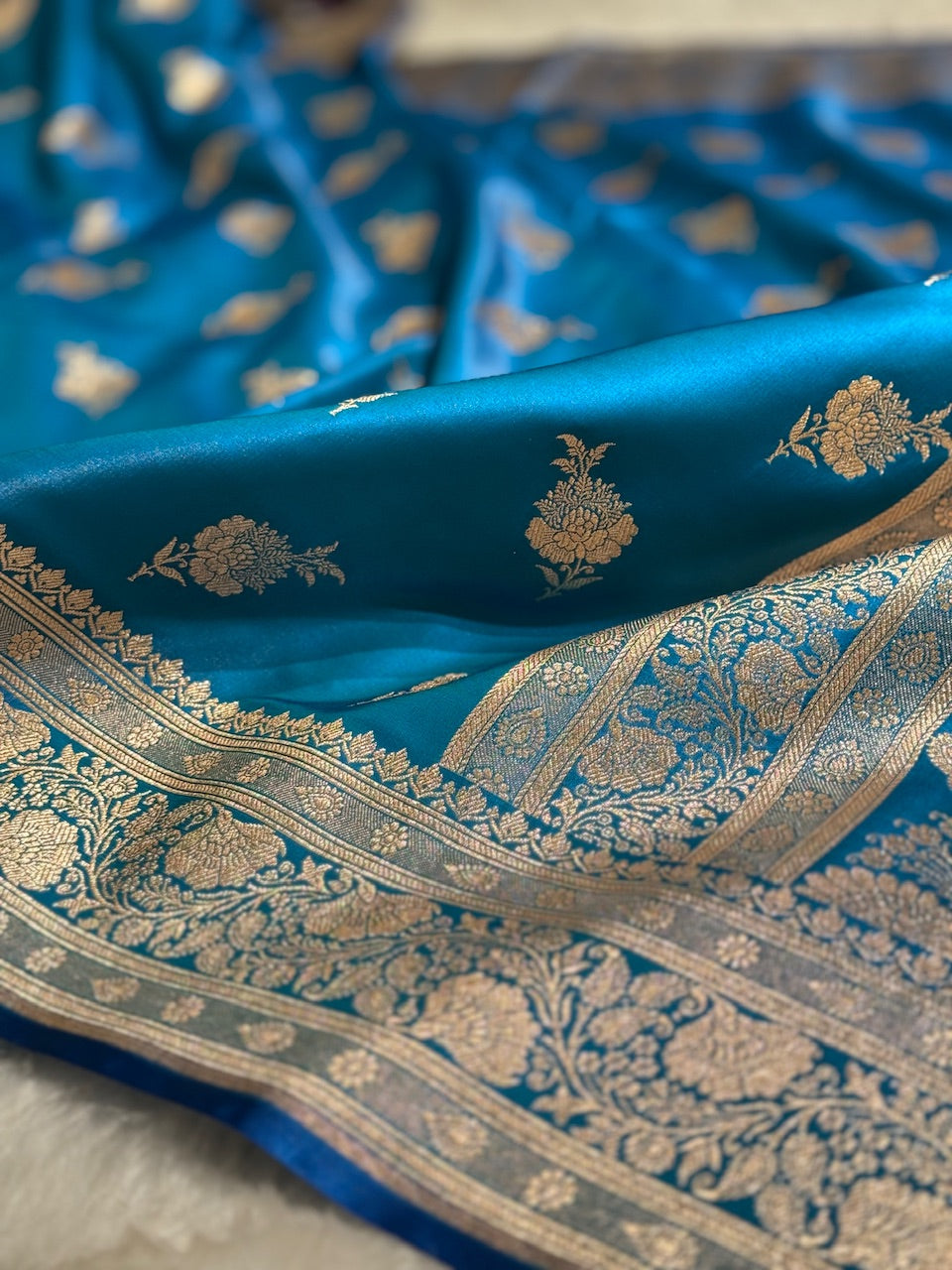 Satin Silk Saree Floral Boota in Firozy Shades SS26