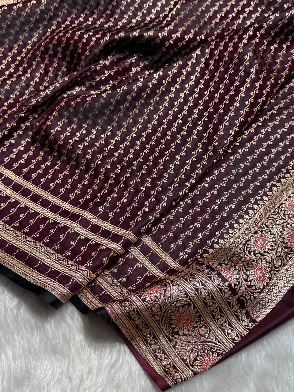 Dark Wine Floral Booti Katan Silk Saree with strip blouse SK13