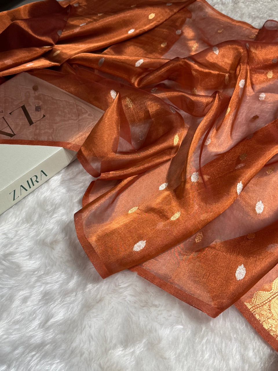 Rust Floral Shades Pure Tissue Handloom Silk Saree PT-29