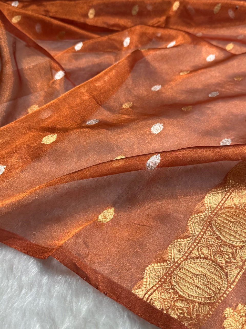 Rust Floral Shades Pure Tissue Handloom Silk Saree PT-29