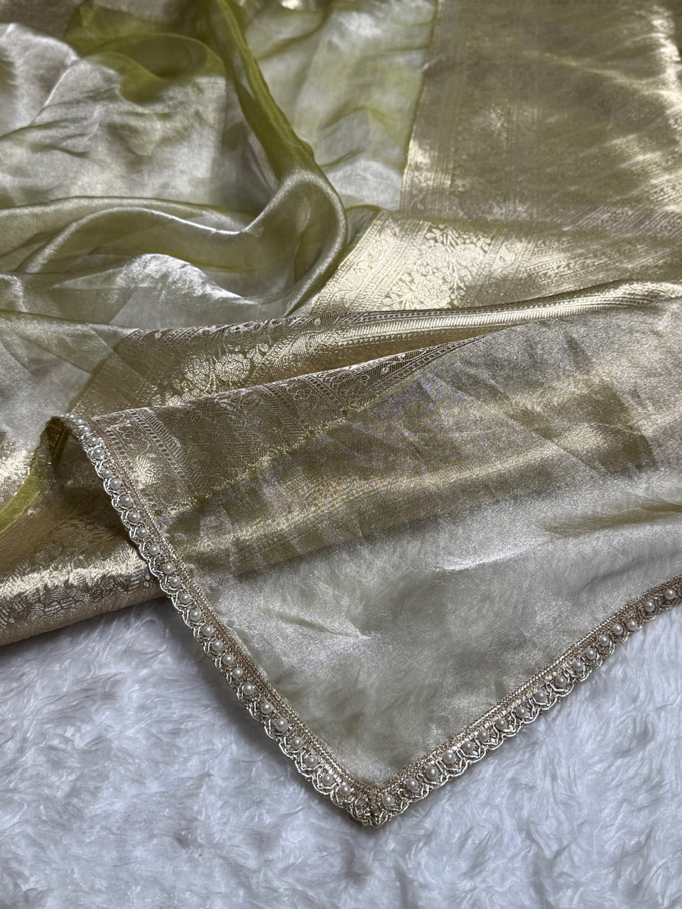 Olive Green Shades Pure Tissue Silk Saree with Brocade Blouse PT-08