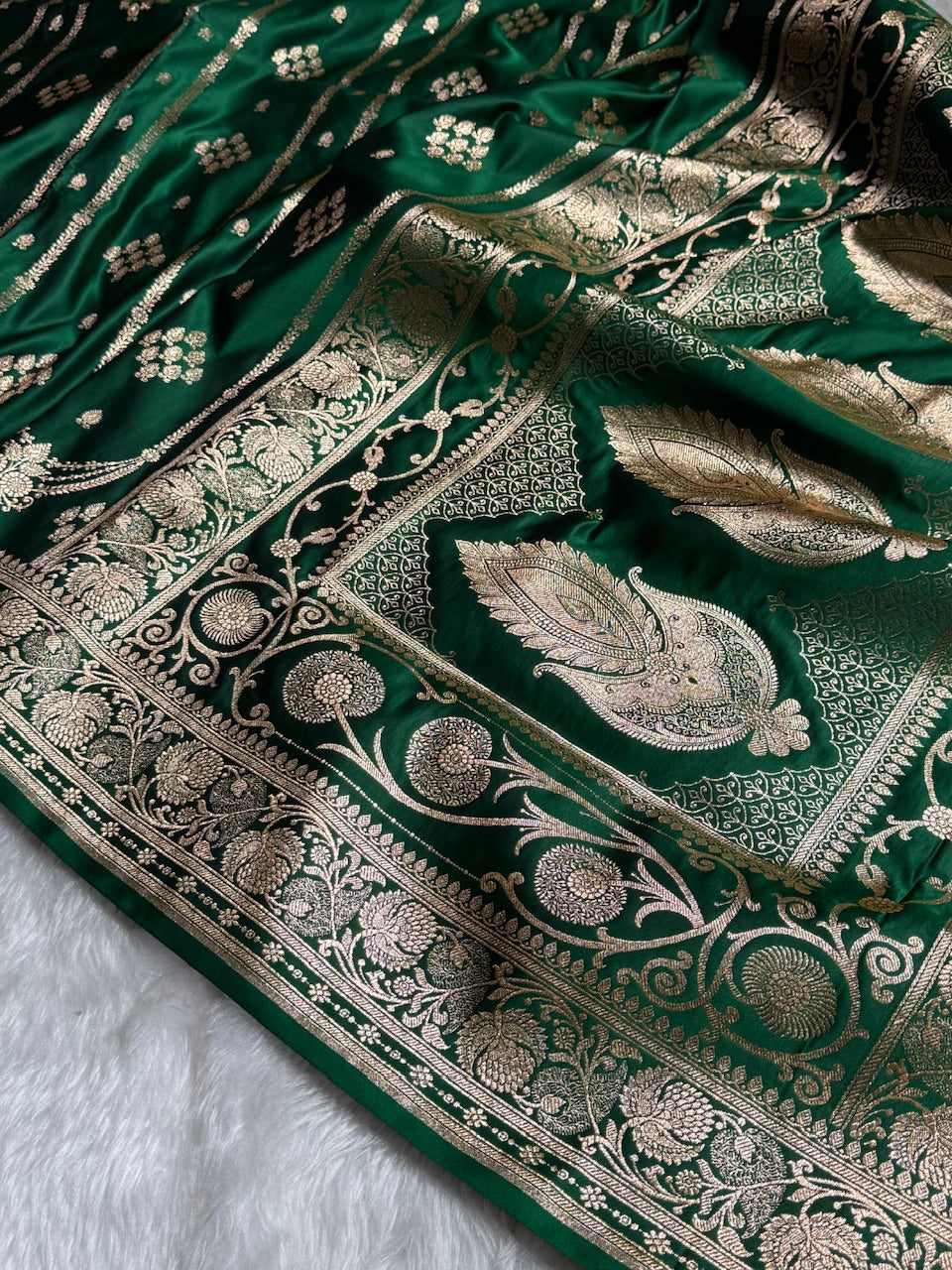 Bottle Green Floral Boota Pattern Satin Katan Silk saree SK39