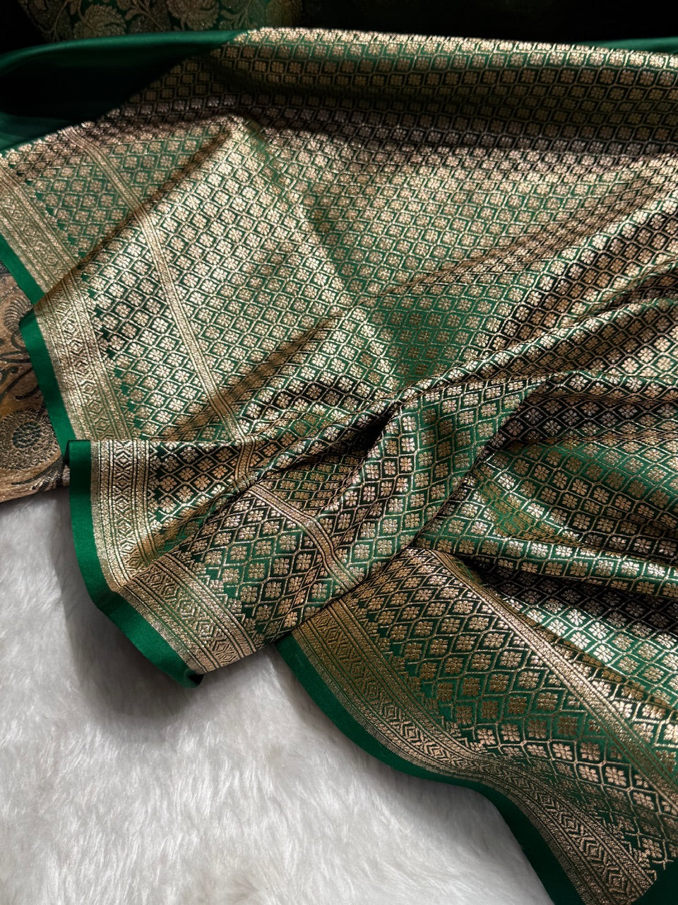 Bottle Green Floral Boota Pattern Satin Katan Silk saree SK39