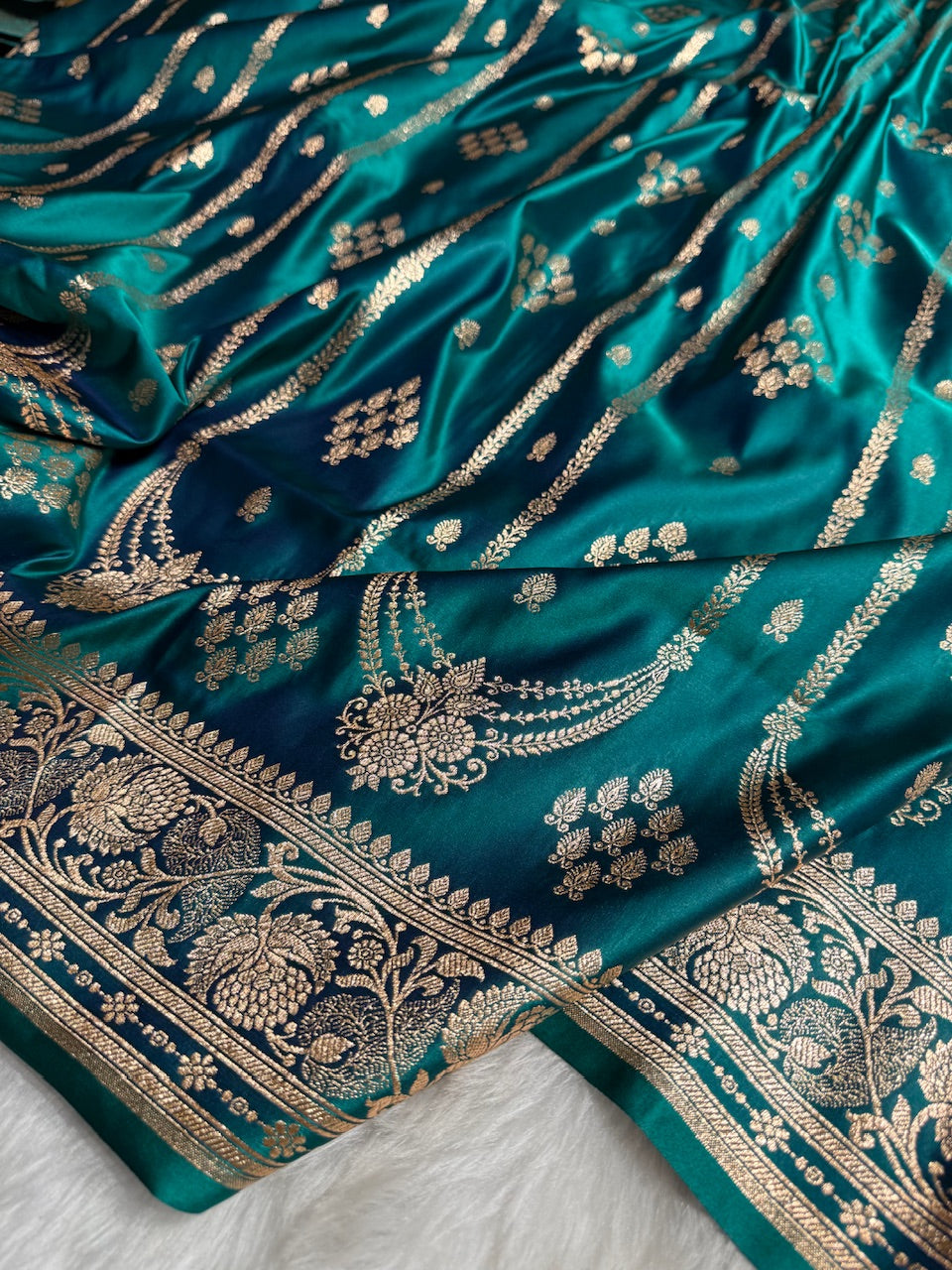 Peacock Floral Boota Pattern Satin Katan Silk saree SK39
