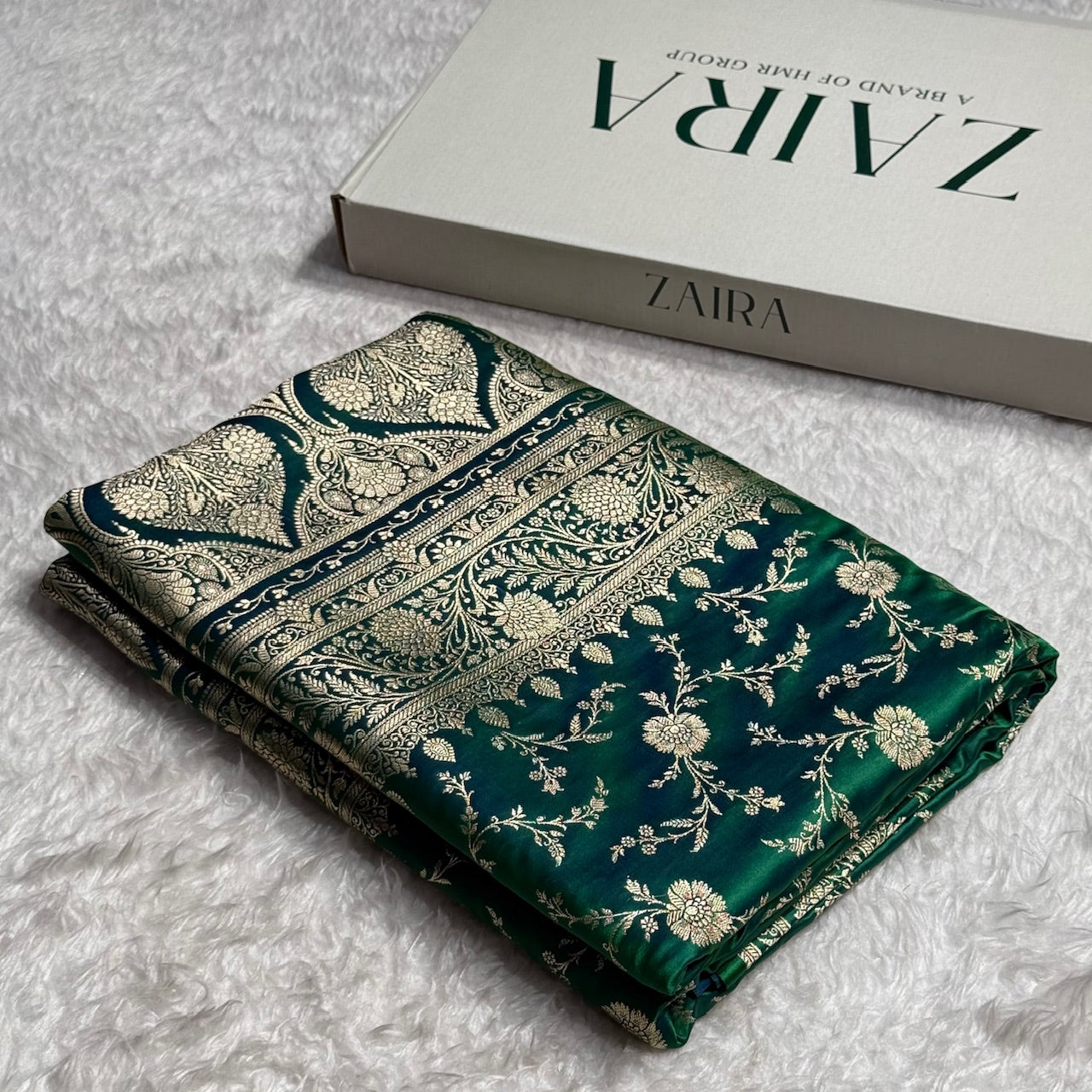 Bottle Green Banarasi Jaal Katan Silk Saree