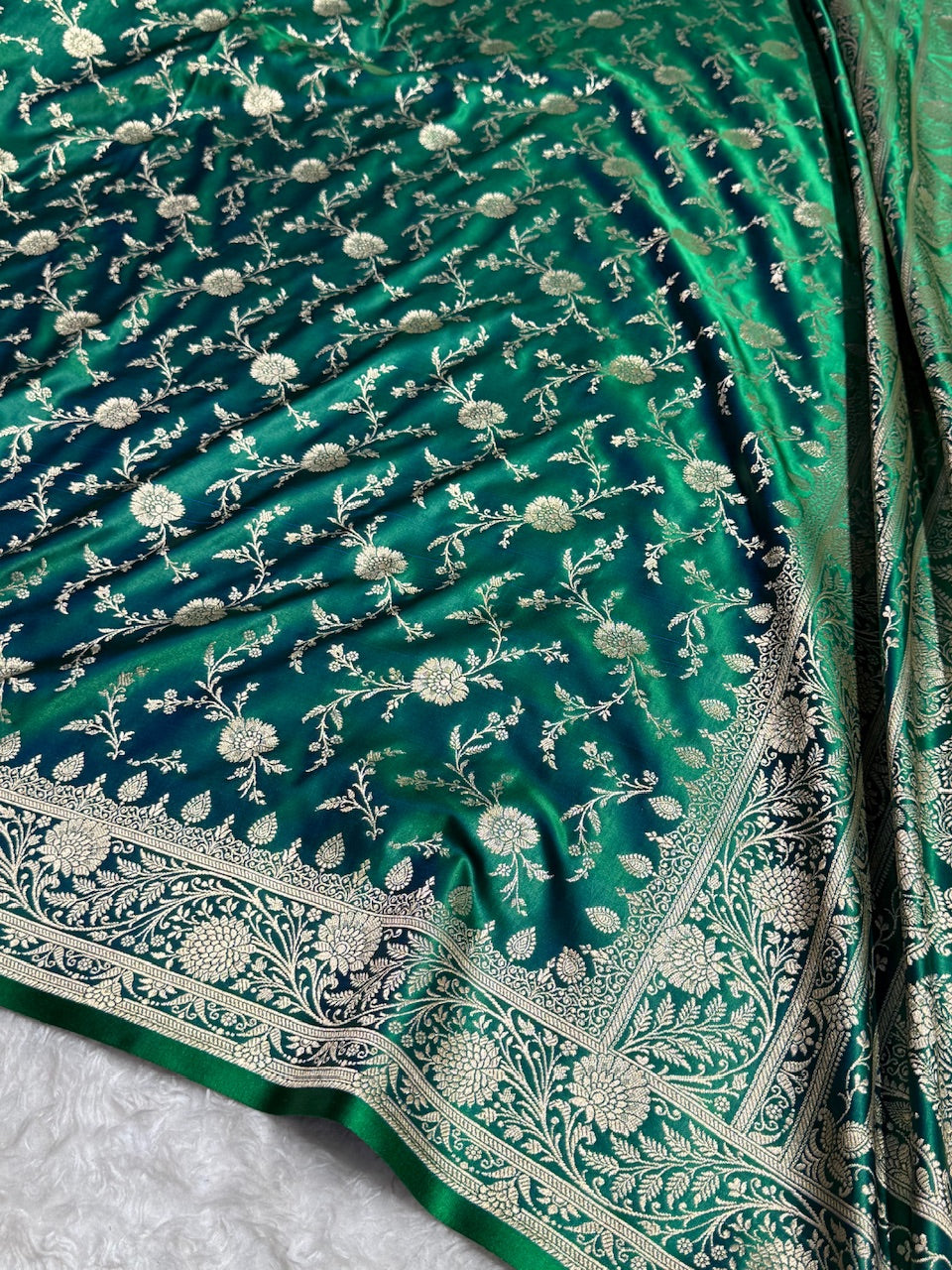 Bottle Green Banarasi Jaal Katan Silk Saree