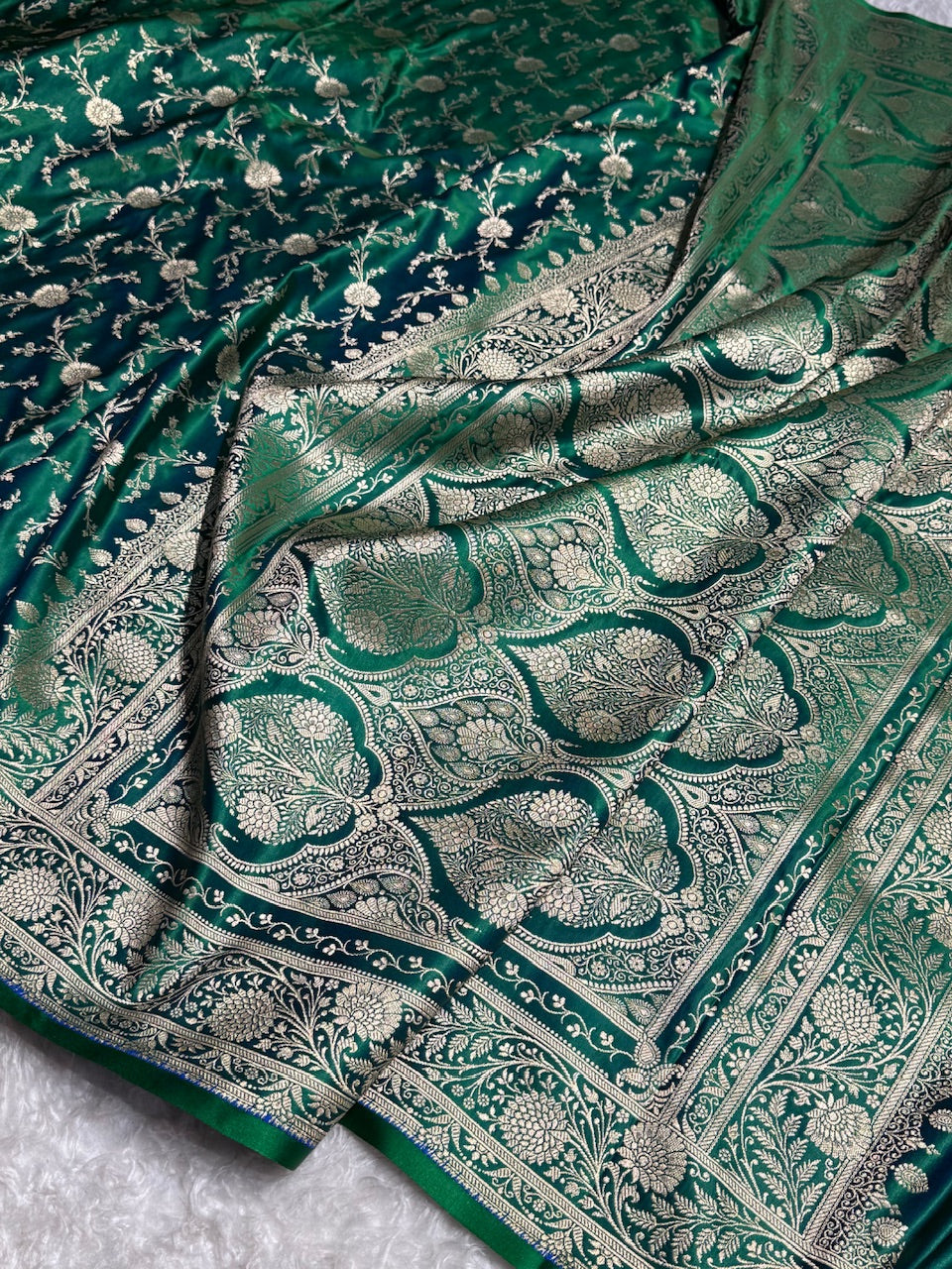 Bottle Green Banarasi Jaal Katan Silk Saree
