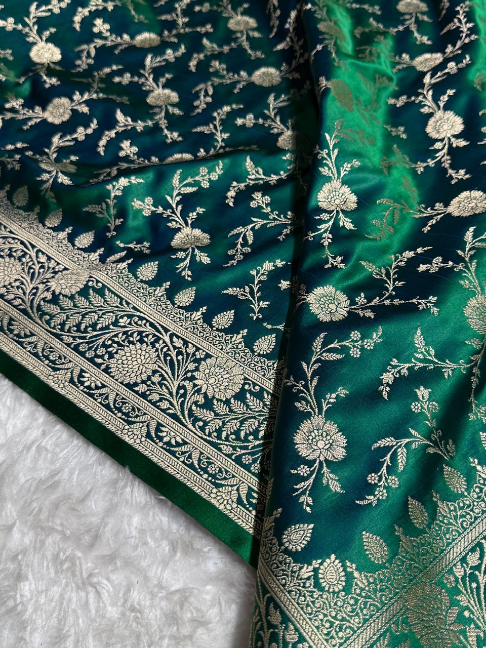 Bottle Green Banarasi Jaal Katan Silk Saree