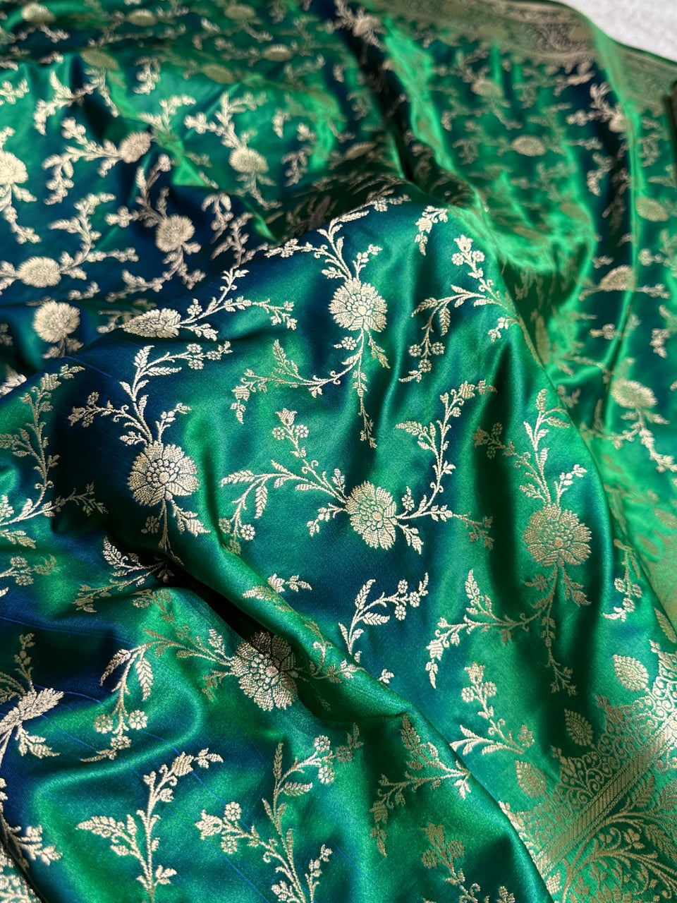Bottle Green Banarasi Jaal Katan Silk Saree
