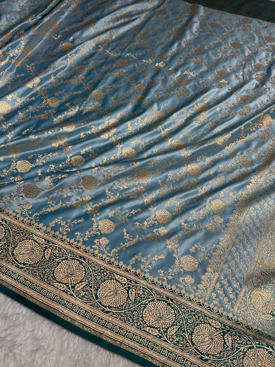 Pastel Blue Banarasi Jaal Katan Silk Saree