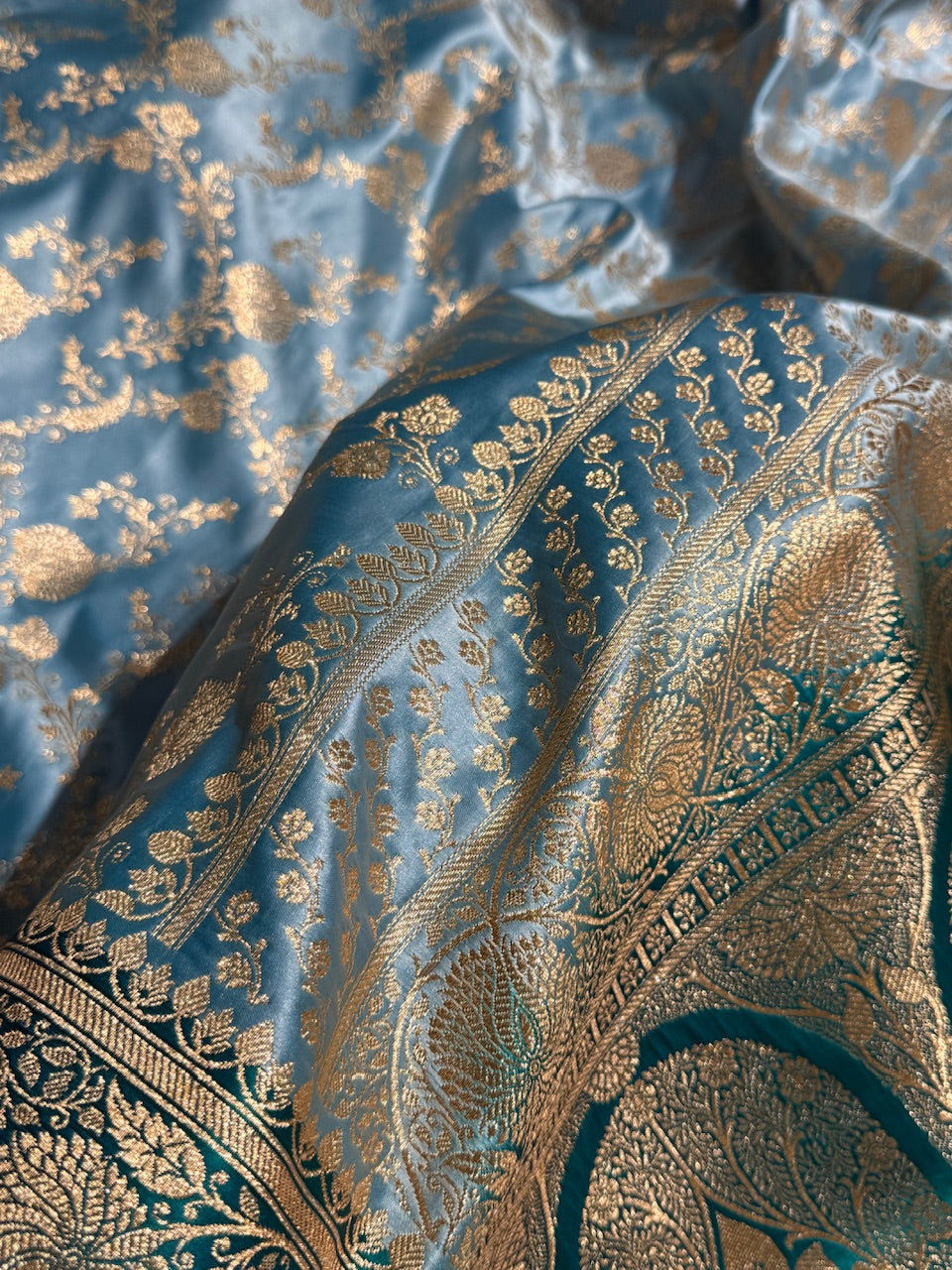 Pastel Blue Banarasi Jaal Katan Silk Saree