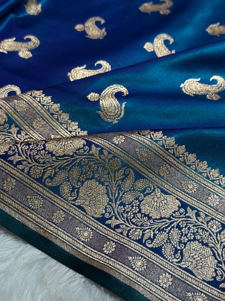 Satin Silk Saree Floral Boota in Peacock Shades SS27