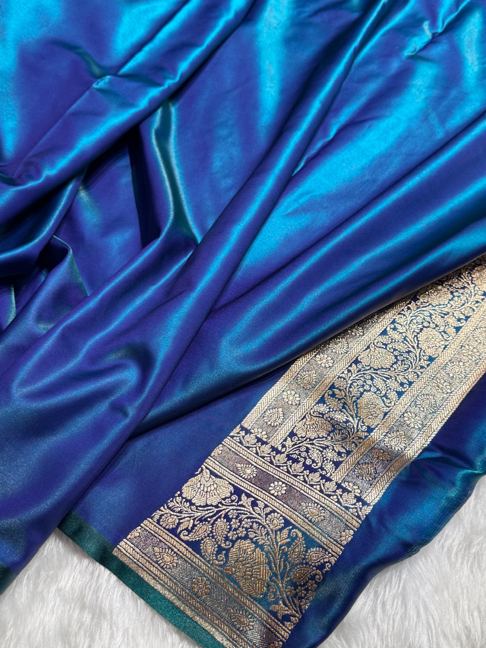 Satin Silk Saree Floral Boota in Peacock Shades SS27