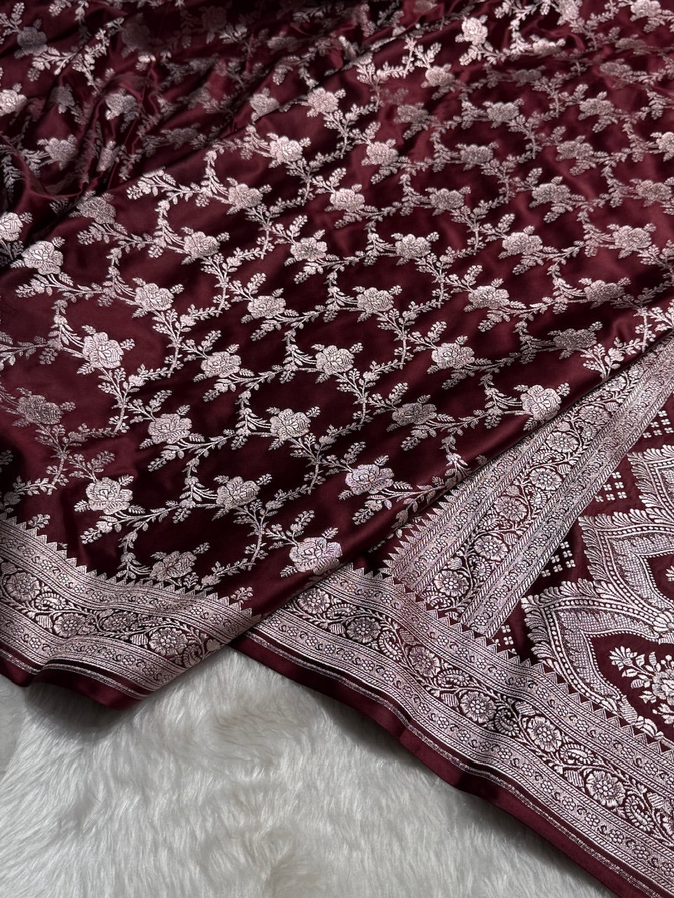 Chocolate Floral Jaal Mashru Silk Saree