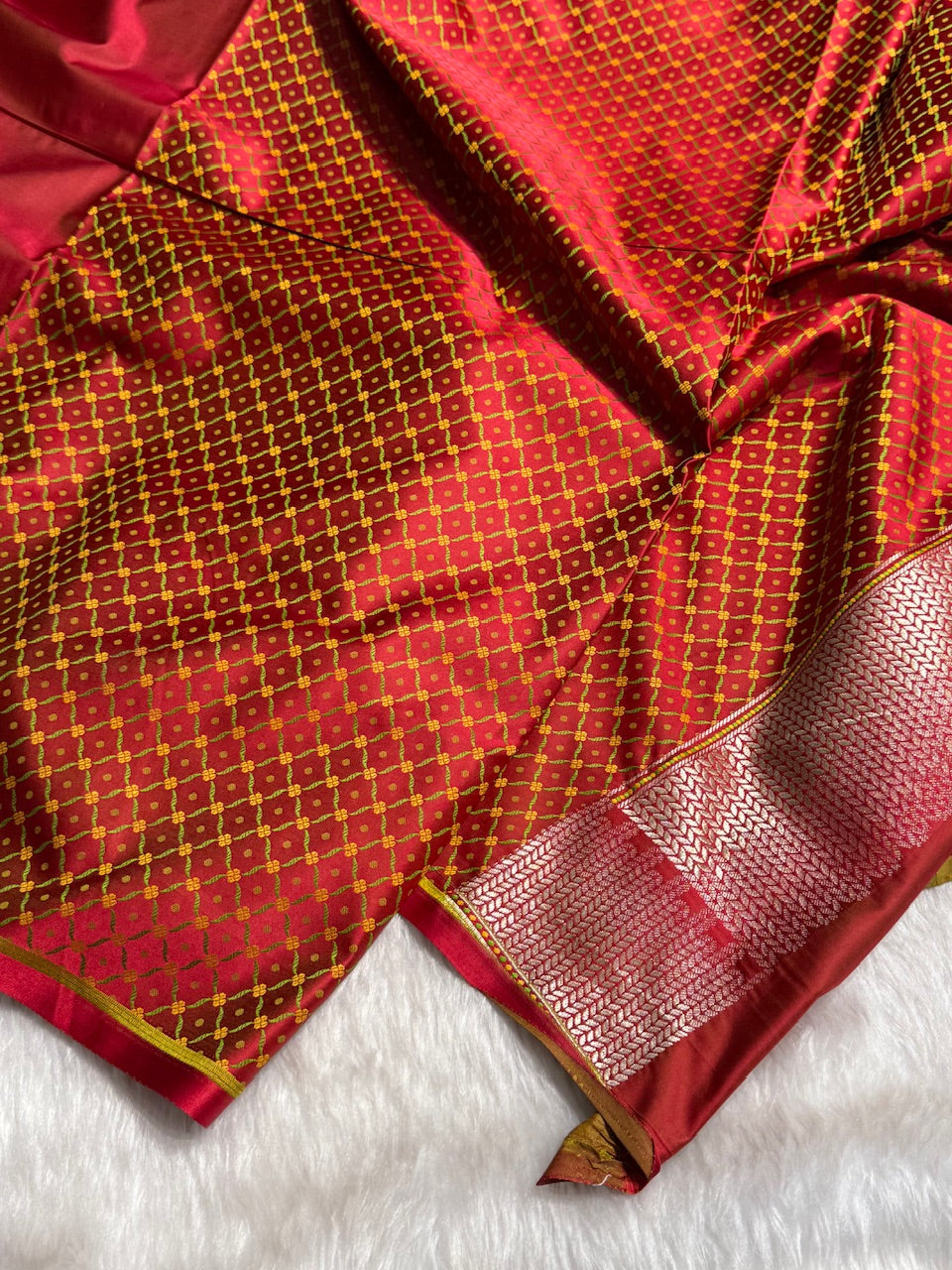 Red Booti Pattern Satin Katan Silk Saree SK56