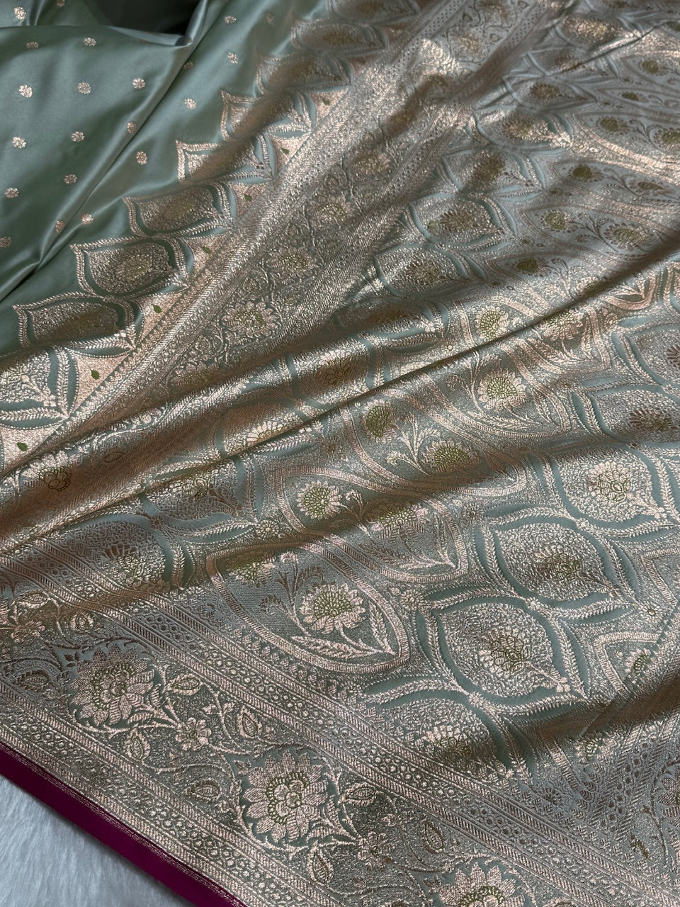 Pista Booti Satin katan Silk Saree SK11