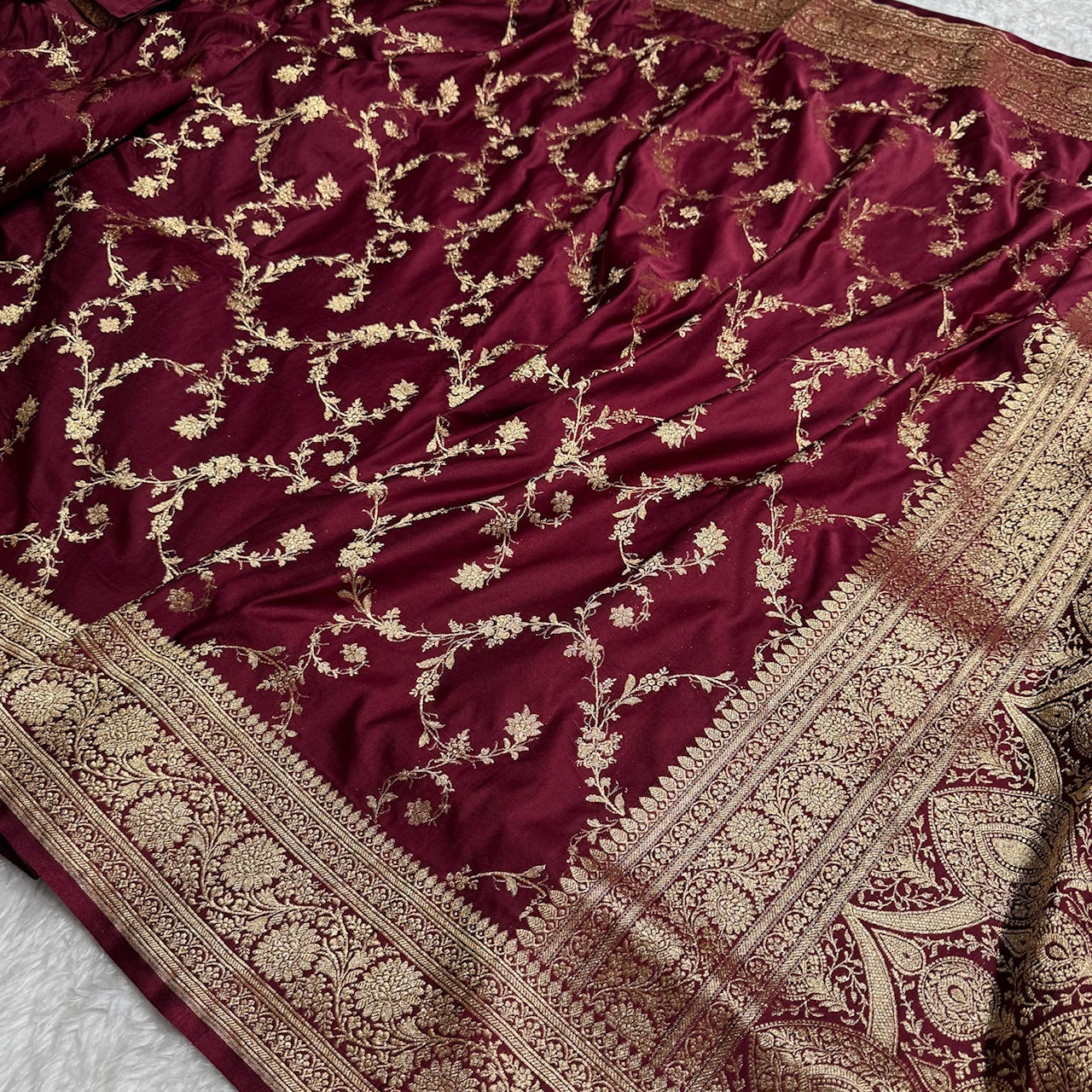 Garnet Banarasi Jaal Katan Silk Saree
