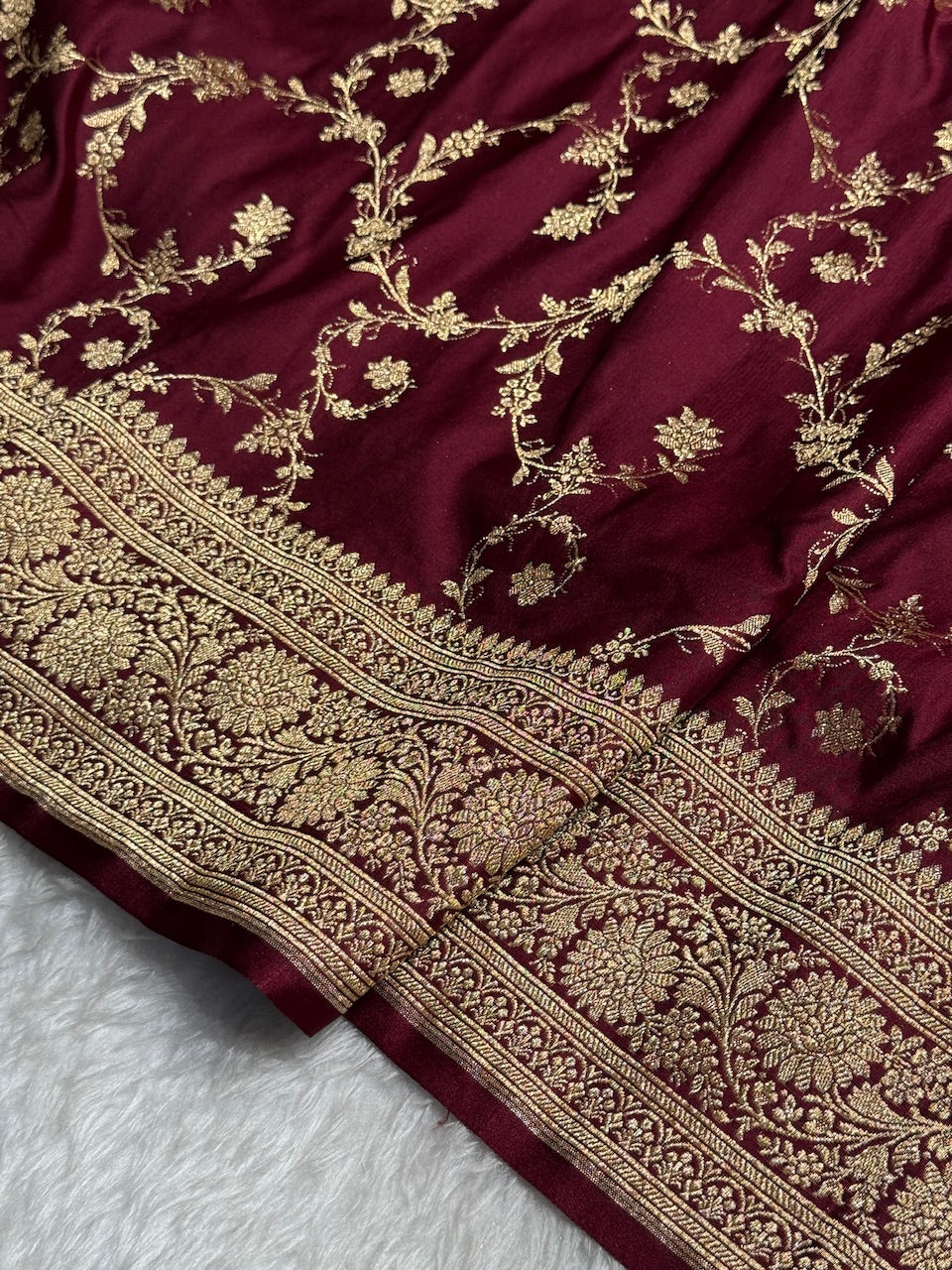 Garnet Banarasi Jaal Katan Silk Saree
