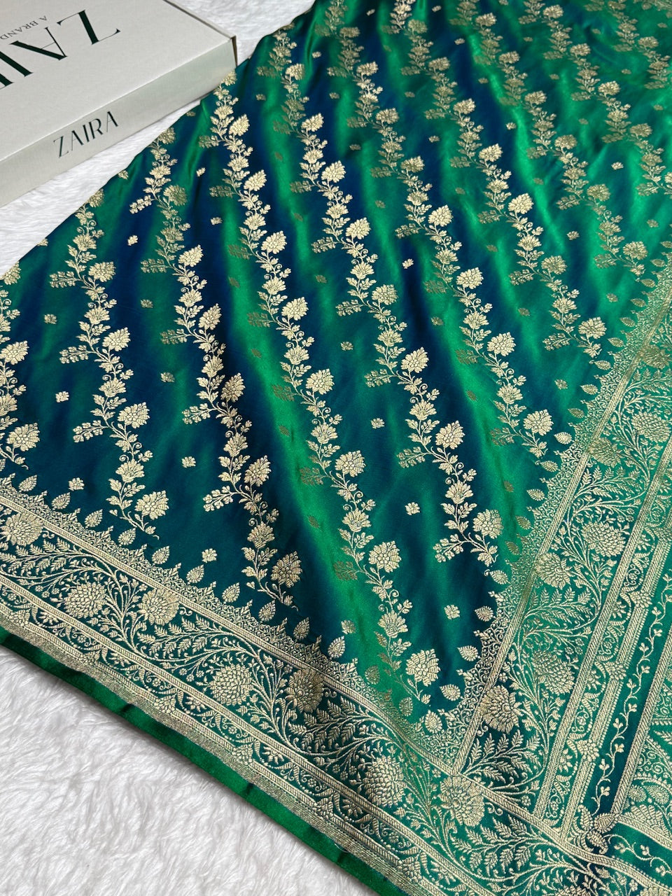 Bottle Green Cross & Booti Banarasi Katan Silk Saree