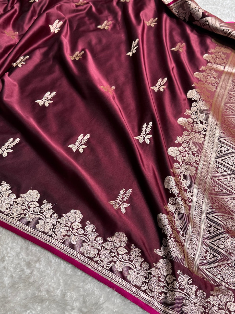 Dark Wine Floral Boota Mashru Silk Saree