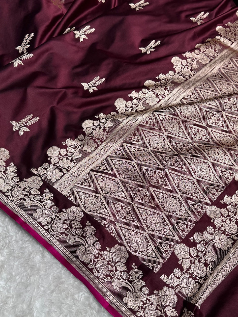 Dark Wine Floral Boota Mashru Silk Saree