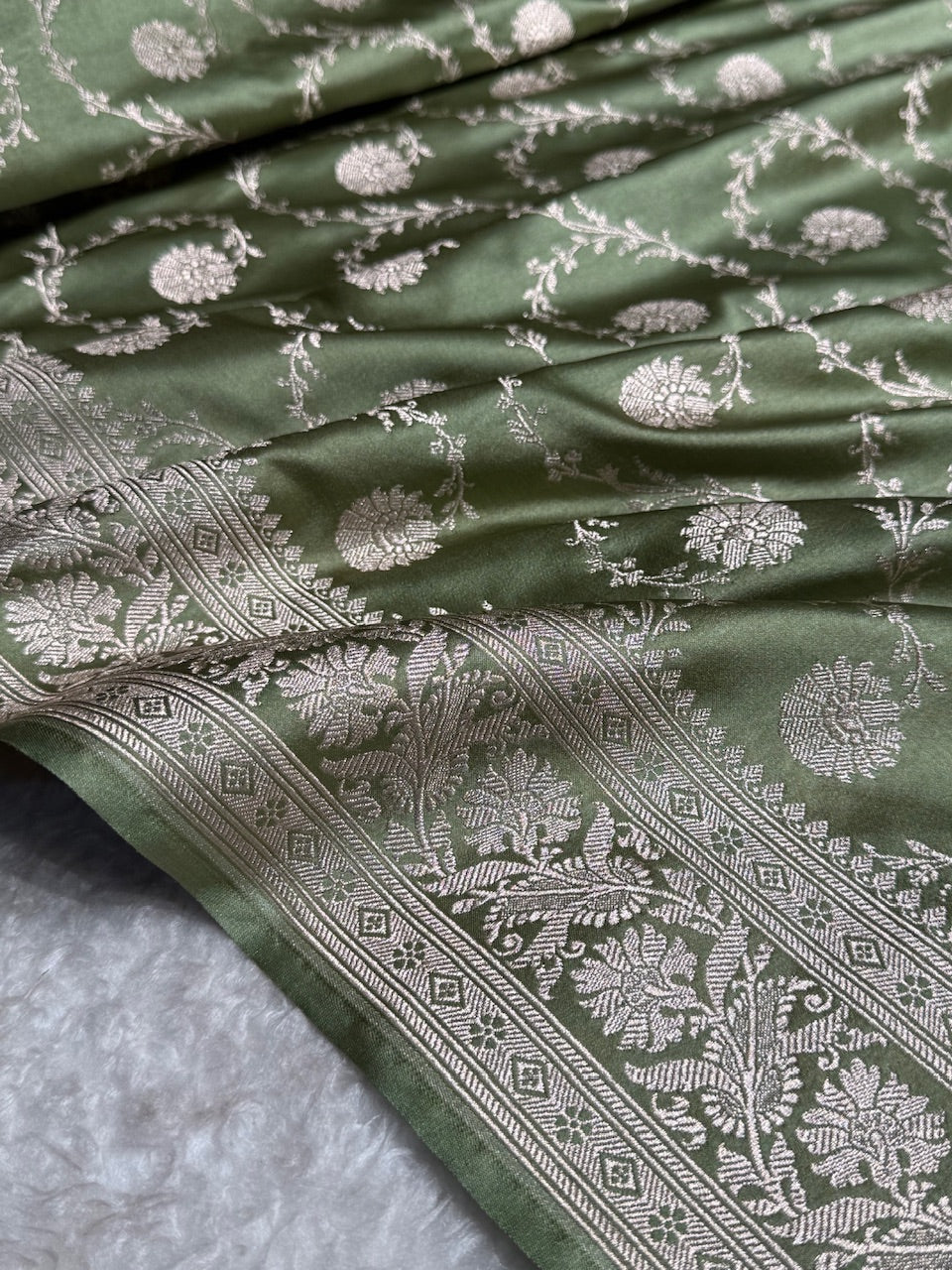 Sage Green Mashru Silk Banarasi Saree With Jaal