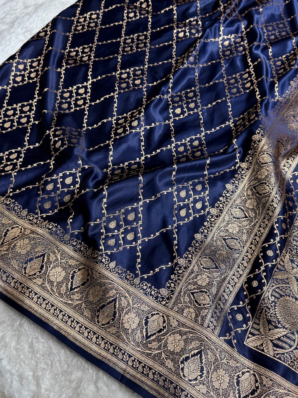 Navy Blue Jaal Satin Katan Silk Saree SK21