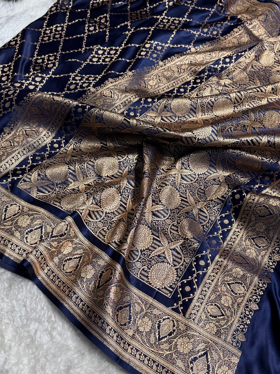 Navy Blue Jaal Satin Katan Silk Saree SK21