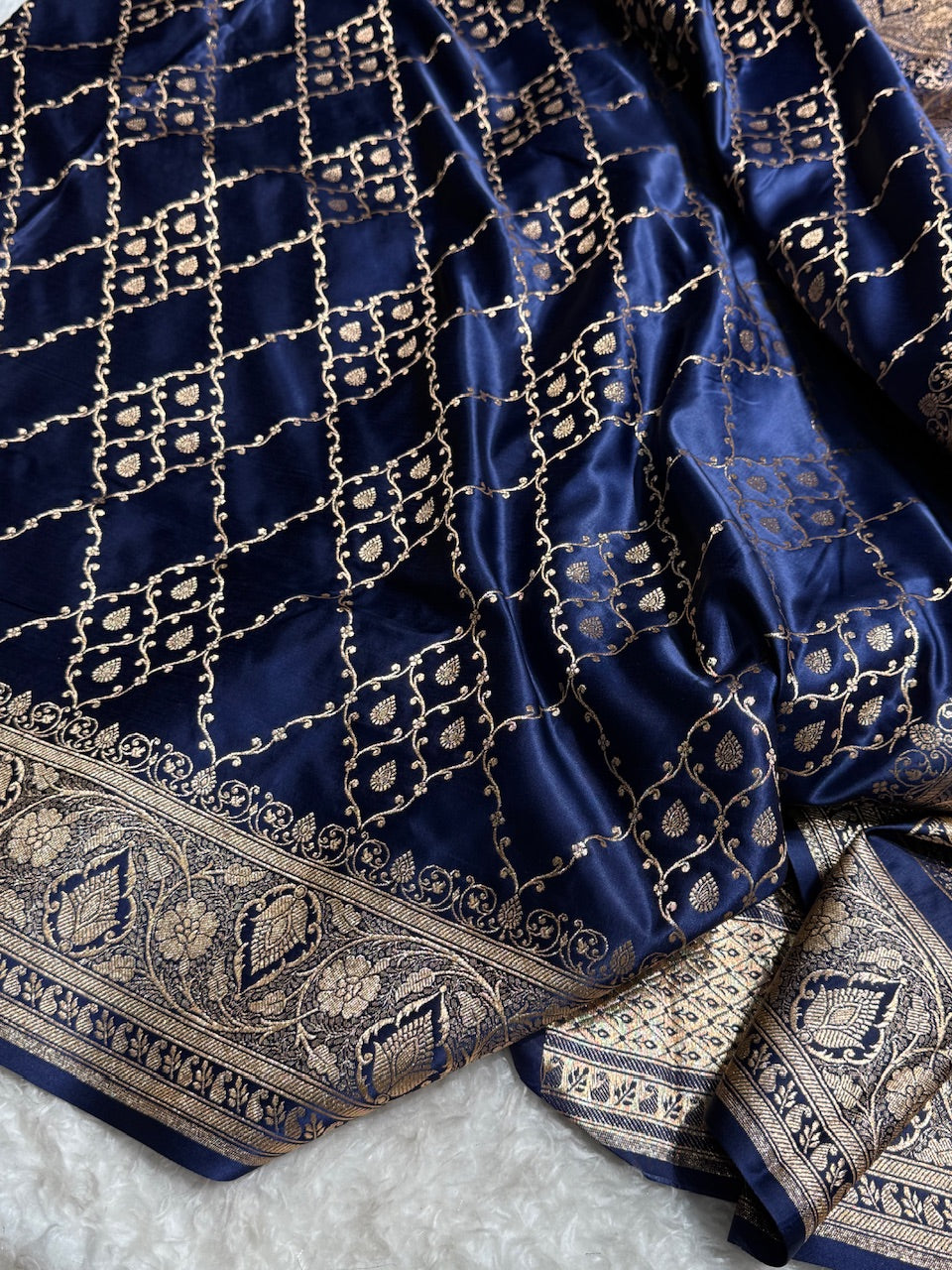 Navy Blue Jaal Satin Katan Silk Saree SK21