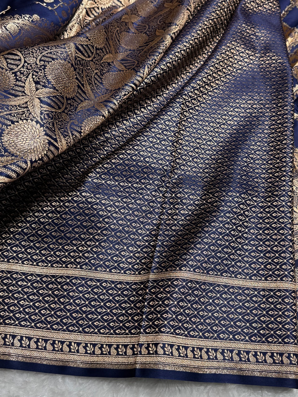 Navy Blue Jaal Satin Katan Silk Saree SK21