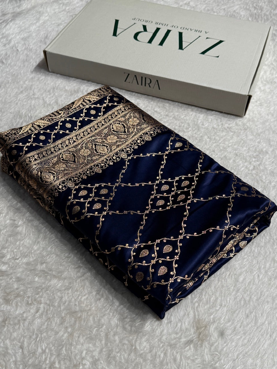 Navy Blue Jaal Satin Katan Silk Saree SK21