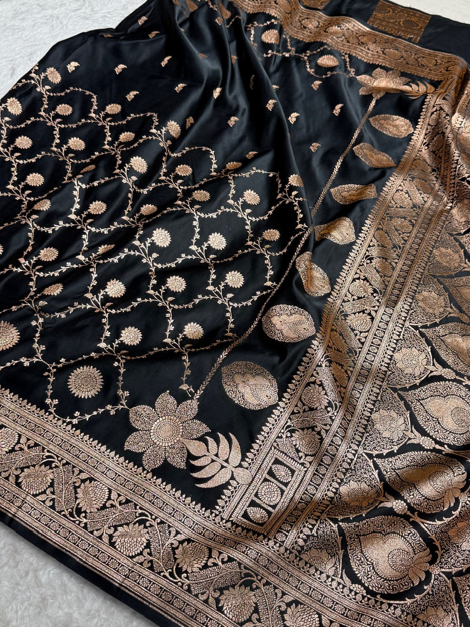 Black Shades Jaal & Booti Satin Katan Silk saree SK26
