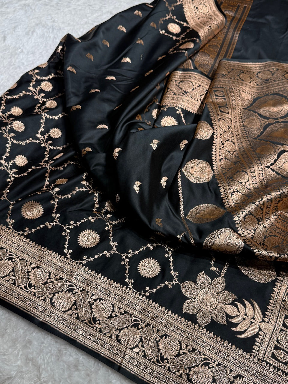 Black Shades Jaal & Booti Satin Katan Silk saree SK26