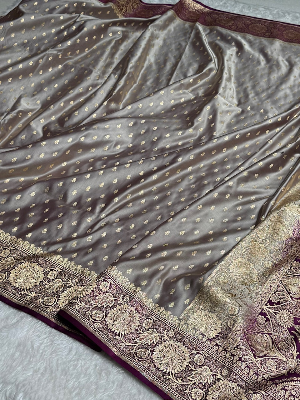Dark Grey with Wine Contrast Banarasi Booti Katan Silk Saree
