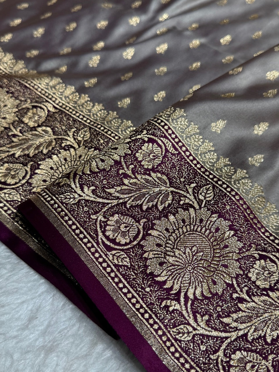 Dark Grey with Wine Contrast Banarasi Booti Katan Silk Saree