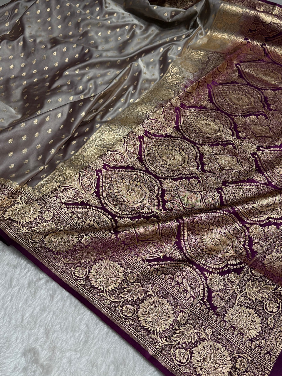 Dark Grey with Wine Contrast Banarasi Booti Katan Silk Saree