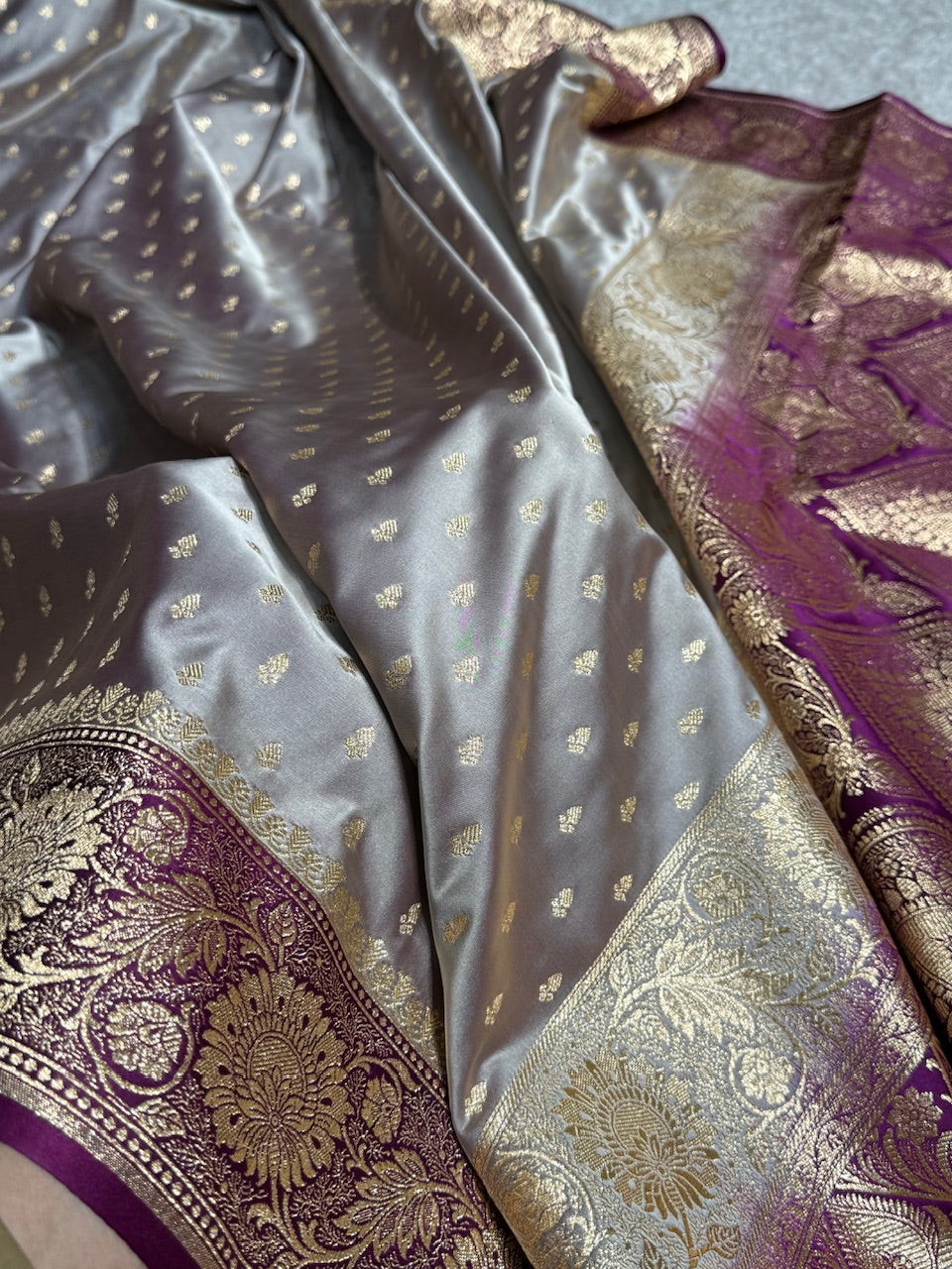Dark Grey with Wine Contrast Banarasi Booti Katan Silk Saree